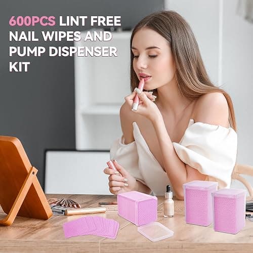 ShanySheny 600PCS Lint Free Nail Wipes with 7.1oz Acetone Dispenser | Non-woven Fabric, Acetone Safe, BPA Free, for Toner, Micellar Water, Makeup Remover, Alcohol, Nail Polish Remover thumbnail 6