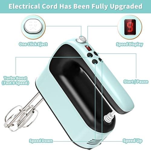 Yomelo 9-Speed Digital Hand Mixer Electric, 400W Powerful DC Motor, Baking Mixer Handheld with Snap-On Storage Case, Touch Button, Turbo Boost, Dough Hooks, Whisk (Ice Blue) thumbnail 4