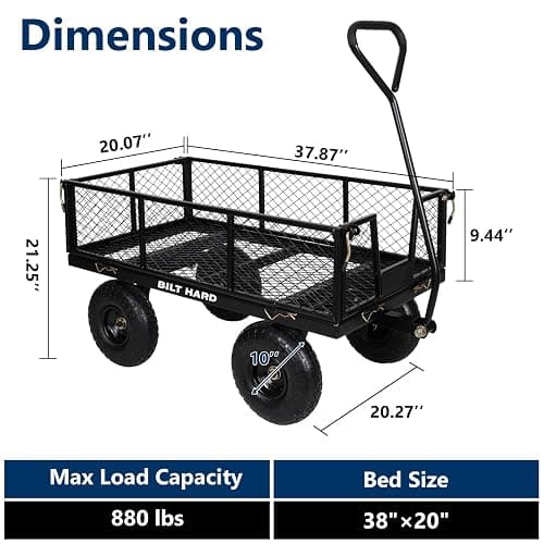 BILT HARD Heavy Duty 880 Lbs Capacity Mesh Steel Garden Cart, 4 Cu.Ft Heavy Duty Garden Cart with 180° Rotating Handle, Removable Sides, All Terrain Wheels, Capacity Utility Steel Wagons for Yard thumbnail 3