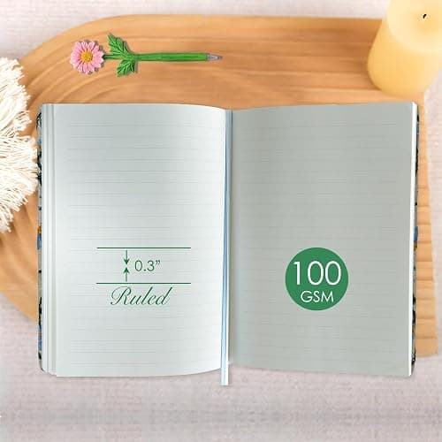ipoul A5 Notebook, Flower Journal, Embroidered Notebook, 8"x6", Hardcover, Lay Flat, Lined, Wide Ruled Paper, Personalized Notebook, Pretty Journal, Daisy Gifts for Women, Blue, with Elastic Band thumbnail 4