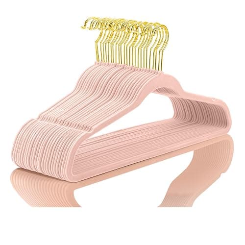 MIZGI Premium Velvet Hangers Pack 60 Pcs Heavyduty - Non Slip Slimline - Velvet Suit Hangers Blush Pink - Gold Hooks,Space Saving Clothes Hangers - Image 1