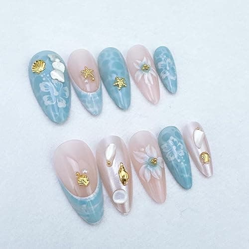 24Pcs French Tip Press on Nails Medium Almond Nails Starfish Fake Nails with 3D Flower Designs Conch Seashell Glue on Nails Summer Beach Acrylic Nails Blue Ocean False Nails Stick on Nails for Women thumbnail 6