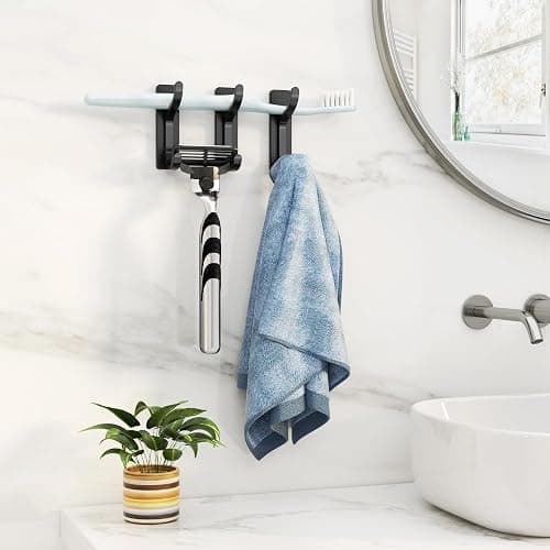 BATHROOM | Amazon | Adhesive Wall Hooks for Towels Coats - Stick On Hooks Hanging Heavy Duty (13lb), Metal Hook for Door, Bathroom, Dorm, Closet - Hanger for Purse, Bag, Robe,Backpack - No Damage to Wall - Black 4 Pack - Black - 4 Pack thumbnail 8