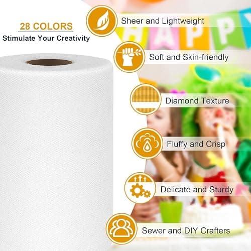 White Tulle Fabric Roll 6 Inch by 100 Yards (300 ft) Tulle Ribbon Sheer Mesh Netting for DIY Tutu Skirt Gift Wrapping Wedding Baby Shower Birthday Halloween Party Decorations Crafts, 34 Colors (White) thumbnail 3