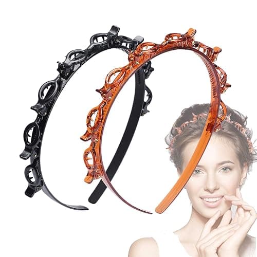 JASSINS 2 Pcs Bangs Hairstyle Hairpin Headband, Professional Weave Bangs Clip, Toothed Headband Braid Tool, Women Girls Fashion Hair Accessories (Black and Brown) - Image 1