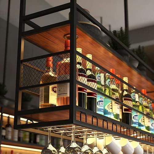 RAJYQODIS Hanging Wine Rack, Metal Hanging Wine Glass Rack, 2-Tier Bar Display Wine Storage Holder, for Bar Restaurant Cafe Kitchen (Black, 140cm) thumbnail 4