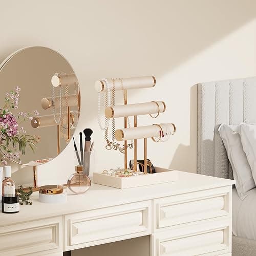 Abiglifty 3 Tier Necklace Holder Display, Jewelry Organizer, Jewelry Stand, Bracelet Display, Necklace Organizer, Bracelet holder, Jewelry Display for Necklace, Watches, Rings, Beige thumbnail 9