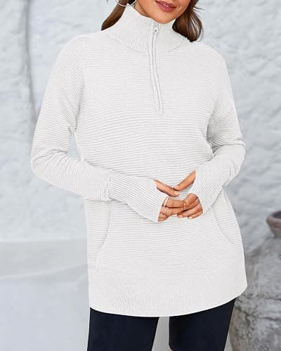 BTFBM Sweaters for Women Fall Clothes 2025 Pocket Quarter Zip Pullover V Neck Long Sleeve Knit Trendy Winter Sweater thumbnail 5