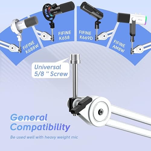 FIFINE Microphone Boom Arm Stand, Metal Heavy Duty Mic Stand, Scissor Suspension Adjustable Boom Arm for Podcast Recording Streaming Gaming, with Desk Clamp, 5/8" Screw, Cable Ties-BM63 White thumbnail 4