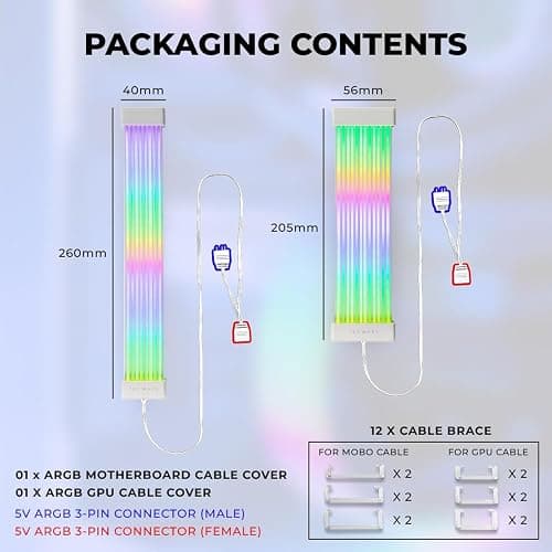 TECWARE Flex RGB Cable Cover Kit | Compatible with 24-Pin Motherboard and 8-Pin/16-Pin GPU | ARGB PSU Cable Extension with 5V 3-Pin Sync | RGB Lighting Kit for PC Cables | White thumbnail 4