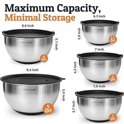 Priority Chef Stainless Steel Mixing Bowls with Lids Set, 3 Grater Attachments, Airtight Lids, Non-Slip Silicone Base Mixing Bowl Set, Large Prep Metal Mixing Bowls for Kitchen, Black thumbnail 2