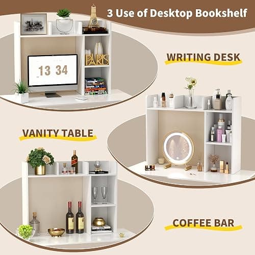 BEHOO Desktop Bookshelf for Computer Desk, 5 Shelves Desk Hutch Shelf for College Dorm, 3-Tiers Countertop Storage Hutch, Wooden Desktop Hutch Organizer thumbnail 5