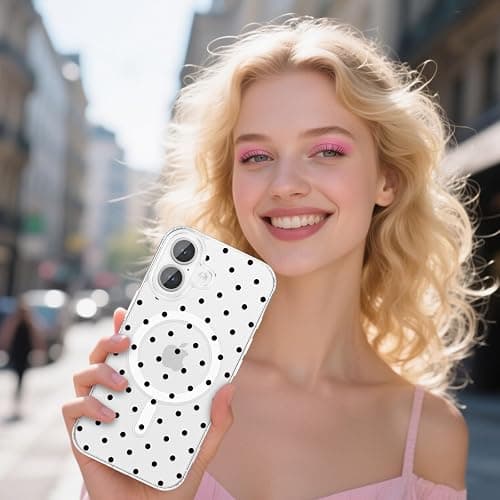 ZTOFERA Magnetic for iPhone 16 Plus Case,Cute Polka Dot Phone Case Aesthetic Striped Clear Trendy Slim Soft Shockproof Protective Phone Cover for Women Girls, Black Dot thumbnail 6