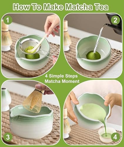 JBER Matcha Set, Matcha Whisk Set 7 Pcs - Bamboo Matcha Whisk, Ceramic Bowl with Spout & Whisk Holder, Sifter, Bamboo Scoop & Holder - Complete Matcha Kit Gift for Matcha Lovers, Gradient Light Green thumbnail 5