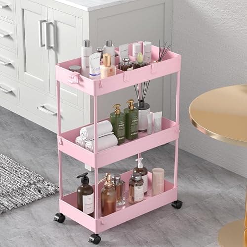 SPACELEAD 3 Tier Rolling Cart with Wheels, Storage Craft Art Trolley Organizer Serving, 3 Hanging Baskets Easy Assembly, for Office, Living Room, Kitchen, Pink - Image 1