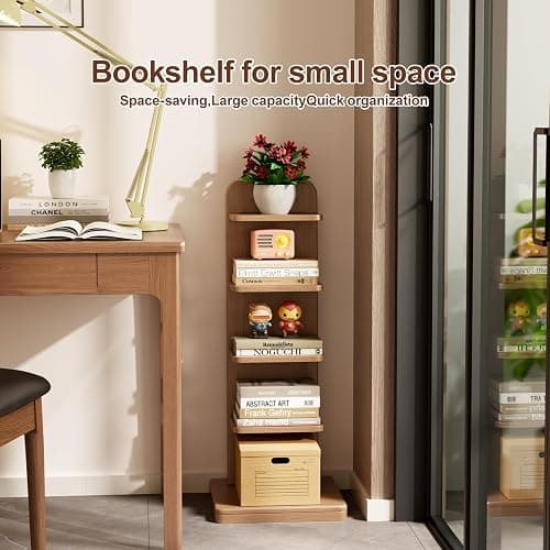 WoodsWhisper Narrow Bookshelf Ladder Bookshelf 5 Shelf Bookcase, Mid Century Modern Bookcase with Freestanding Display Shelves,Anti-tip Device and Thickened Base for Small Space,Living Room, Office - Walnut - 5C thumbnail 4