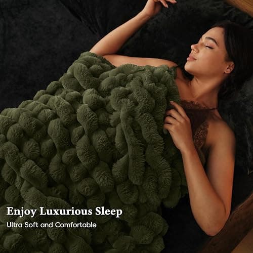 David's Home Double-Sided Faux Rabbit Fur Throw Blanket Twin Size, Reversible Luxury Soft Thick Shaggy Warm Fuzzy Bubble for Couch,Cozy Plush Fluffy for Fall Winter,Winter Moss,60 "* 80" thumbnail 2