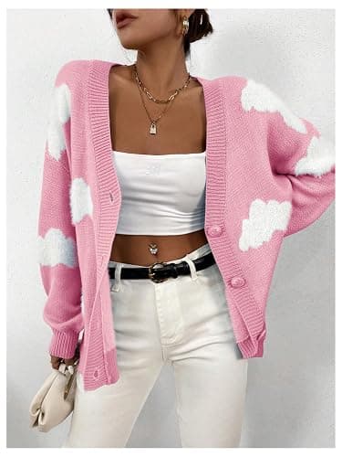SOLY HUX Women's Button Down V Neck Long Sleeve Cloud Open Front Knit Cardigan Sweater thumbnail 5