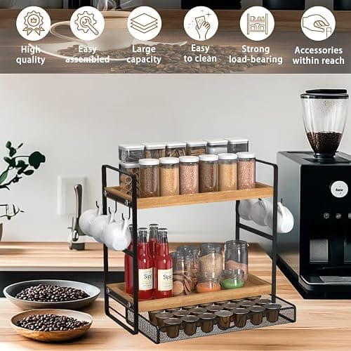 LEMIKKLE 2-Tier Wood Coffee Station Organizer with Pod Holder and Drawer, Kitchen Countertop Organizer, Coffee Bar Accessories Station with Coffee Pod Storage, Coffee Organizer thumbnail 4