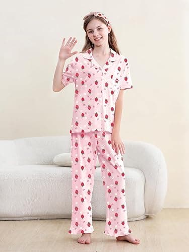 QZH.DUAO 3 Piece Girls Pajama Sets 100% Cotton Ruffle Long Pants with Shorts Sleepwear 3pcs Button Down PJs 5-14 Years thumbnail 6