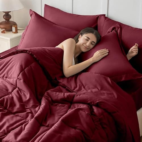 JOLLYVOGUE Queen Comforter Set, Ultra-Soft Bed in a Bag Queen Size 7 Pieces, Oeko-TEX Certified Bedding Set with Down Alternative Comforter, Sheets, Pillowcases & Shams, Burgundy thumbnail 6