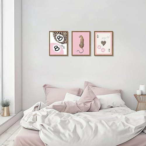 Framed Pink Trendy Wall Art Set of 3, Cheetah Print and Lucky 8 Ball Pictures Wall Decor, Vintage Preppy Paintings Canvas Prints Y2K Aesthetic Room Decor for Teen Girls Room Bedroom Bathroom 12x16 Inch Ready to Hang thumbnail 9