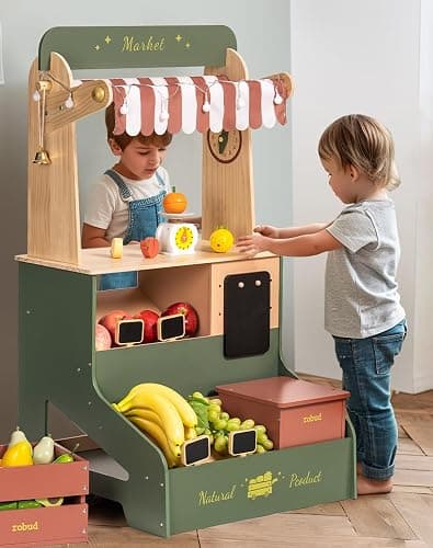 ROBUD Pretend Play Grocery Store with Lights, Supermarket Playset for Kids, Interactive Wooden Play Market Stand, Gift for 3+ Kids Boys Girls (Vintage Green) - Image 1