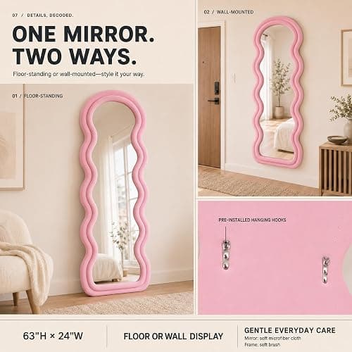 BOJOY Full Length Mirror 63"x24", Irregular Wavy Mirrors, Wave Arched Floor Mirror, Wall Mirror Standing Hanging or Leaning Against Wall for Bedroom, Flannel Wrapped Wooden Frame Mirror-Pink thumbnail 5