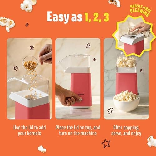 Wumple Hot Air Popcorn Machine - 14-Cup Electric Popcorn Popper, Oil-Free, 1200W - Includes Measuring Cup - Home Popcorn Maker for Movie Nights - Red thumbnail 6