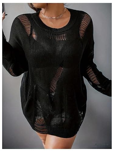 SHENHE Women's Plus Size Ripped Hollow Out Oversized Baggy Punk Sweaters | All Over Ripped Hollow Knit Design, Oversized Loose Fit, Match Shorts Boots for Street Concert Wear thumbnail 3