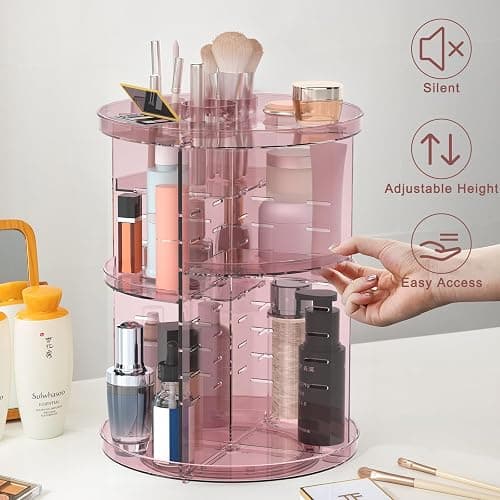 Rotating Makeup Organizer, DIY 8 Adjustable Layers 360 Spinning Skincare Organizers, Makeup Storage Carousel Tower with Brush Holder & Perfume Trays, Cosmetic Display Case for Vanity Bathroom - Clear Pink thumbnail 4