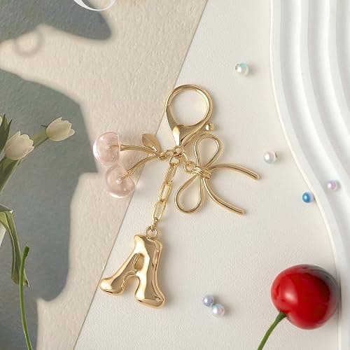 Snycler Bubble Initial Keychain with Bow & Cherry - Gold Letter Bag Charms for Women, Cute Purse Handbag Accessories thumbnail 6