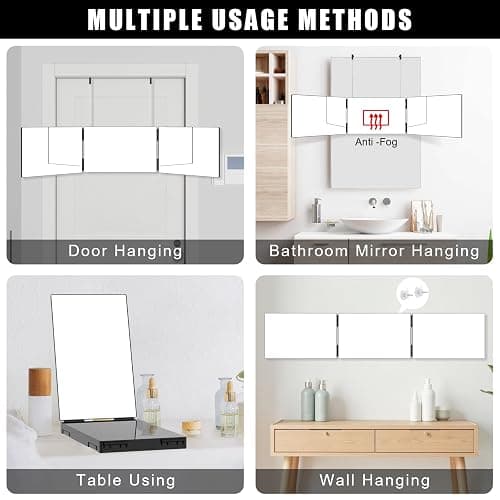 OLIBUY 3 Way Mirror for Hair Cutting, Three Way Mirror for Shaver and Makeup, Height Adjustable with Two Hold Nails, 360 Viewing Angle, Clear Anti-Fog HD Glass thumbnail 4