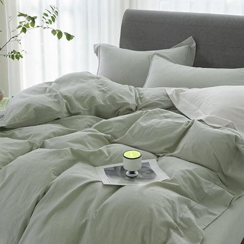 ELIMMO Cooling Twin Duvet Cover Set-100% Washed Cotton with Chic Wide Trim Design Linen Like Textured Ultra Soft Cozy Bedding with Zipper Closure(Hemmed Sage Green,Twin/Twin XL 68"x90") thumbnail 4