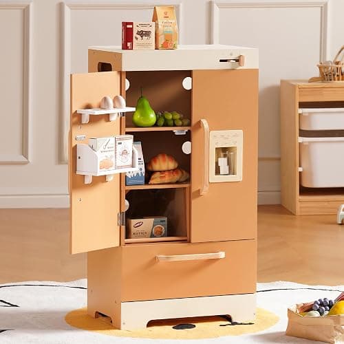 ROBOTIME Kids Wooden Refrigerator, Play Kitchen Fridge for Toddlers, Toy Fridge with Ice Maker and Food Accessories, Pretend Play Kitchen Toy for Boys & Girls Ages 3+ thumbnail 7