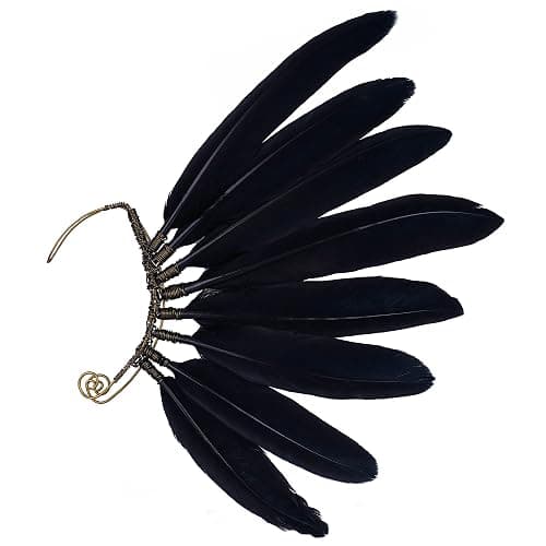 FRESHME Black Faux Feather Ear Cuffs - Indian Ethnic Plume Ear Clips Viking Tribal Earrings Bronze Wire Wrapped Fairy Elf Ear Cuffs Wraps Fantasy Jewelry for Unisex Cosplay Costume Dress Accessories - Image 1