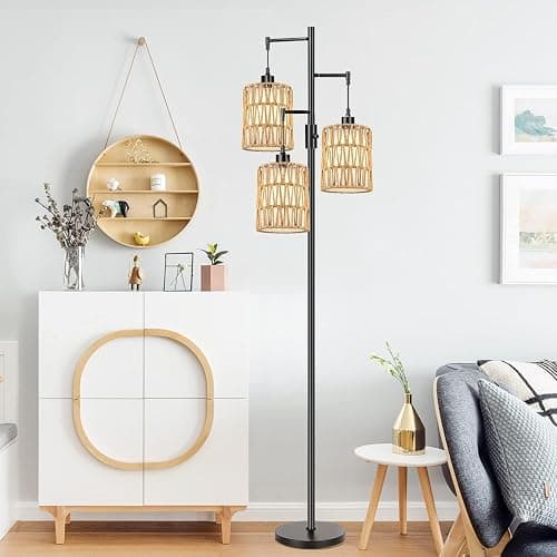 ZECOXOL Boho Floor Lamp for Living Room Bedroom-3 Light Dimmable Floor Lamp with Three Led Bulb, Rustic Tall Lamp Black Standing Lamp Tree Floor Lamps for Living Room Bedroom,Office,Corner thumbnail 2