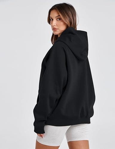 Lauweion Women Solid Basic Fleece Letter Loose Hoodie Sweatshirt Long Sleeve Kangaroo Pocket Drop Shoulder Pullovers Top thumbnail 5