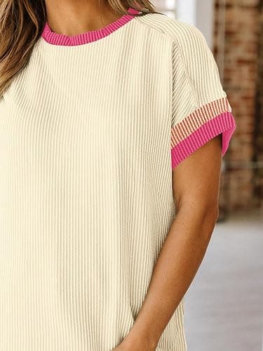 Tankaneo Womens Color Block Oversized Tops Summer Short Sleeve Tshirts | Casual, Textured Ribbed Knit, Loose Fit thumbnail 7