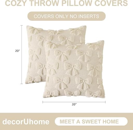 decorUhome Beige Bow Cute Girl Faux Fur Throw Pillow Covers 20x20 Set of 2 | Pillow Covers Coquette Aesthetic Plush Wool Modern Farmhouse Decorative Pillowcase for Preppy Bedroom Couch Sofa Decor thumbnail 2