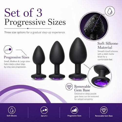 Anal Sex Trainer 3PCS Silicone Jeweled Butt Plugs, Eastern Delights Anal Sex Toys Kit for Starter Beginner Men Women Couples, Black thumbnail 3