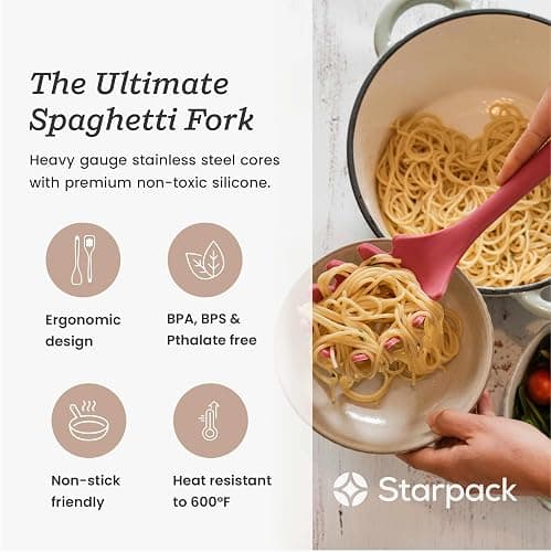 Starpack XL Premium Silicone Pasta Fork (13.5") - Spaghetti Spoons High Heat Resistant to 600°F - Silicone Pasta Spoon Strainer - Server Spoon with Teeth - Server Utensil for Pastas thumbnail 3