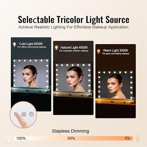 VEVOR Hollywood Vanity Mirror with Lights, Dimmable Bulbs &3 Color Lighting Modes, Makeup Mirror w/Detachable 5X Magnification,USB Port, Smart Touch Control,Desktop Wall-Mount(31.5x23.6in, White) thumbnail 3