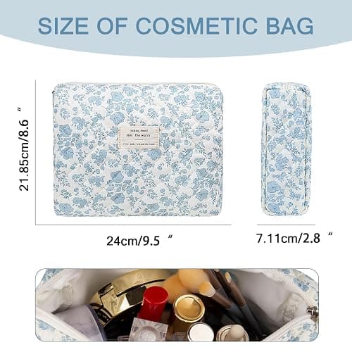 Gosect Floral Makeup Bag, Large Cosmetic Bag for Women Girls, Cute Cotton Make up Pouch, Quilted Makeup Bags, Flower Travel Toiletry Organizer Bag(Blue Floral) thumbnail 3