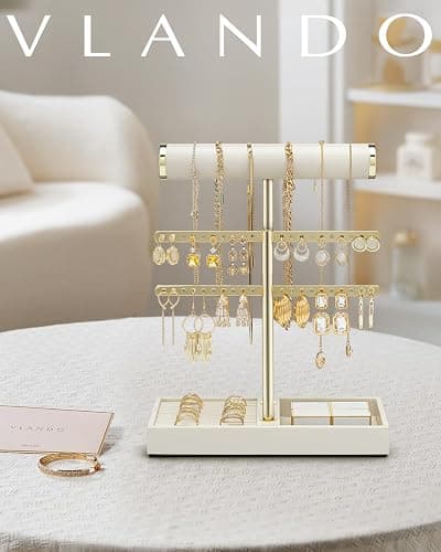 Vlando 2 Tier Necklace Holder Organizer with Tray, Leather Bracelet Holder Display for Women, Gold Jewelry Holder Stand for Bracelet, Necklace, Earrings, Rings - Cloud White thumbnail 6