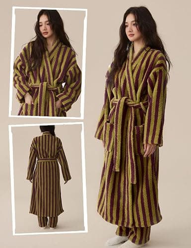 Arssm Womens Striped Fluffy Robe Long Plush Fuzzy Warm Bathrobes | Cozy Thick Loungewear, Maxi Robe, Color Block, Housecoat thumbnail 3