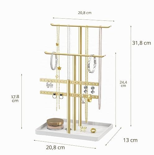 Organisateur de Support à Bijoux à 3 Niveaux - Support Solide pour 80 Pièces de Bijoux - Porte-Bijoux Doré - Porte-Bijoux pour Colliers, Boucles d'oreilles, Bracelets, Bagues - Cadeau pour Femmes thumbnail 3