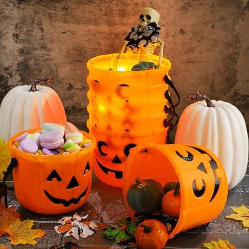 Jenaai 12 Halloween Trick or Treat Buckets Halloween Pumpkin Buckets Halloween Party Favors Pumpkin Face Candy Basket Plastic Pail Candy Bowl Holder with Handle or Party Decoration (Orange) thumbnail 2