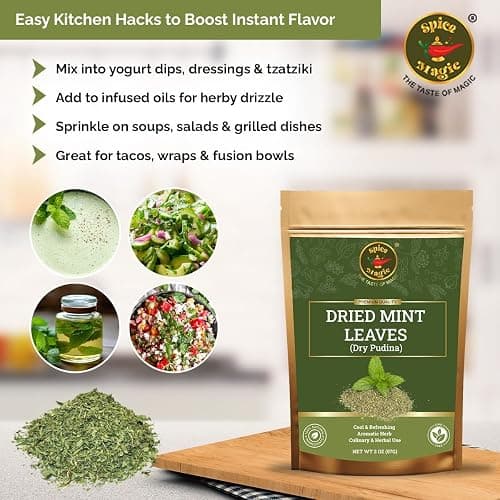 Spice Magic Dried Mint Leaves (Peppermint) 2oz (57g) Cut & Sifted | All-Natural Herb | Perfect for Teas, Salads, Sauces & Middle Eastern Dishes | 100% Natural, Vegan, Non-GMO I No Stems thumbnail 6