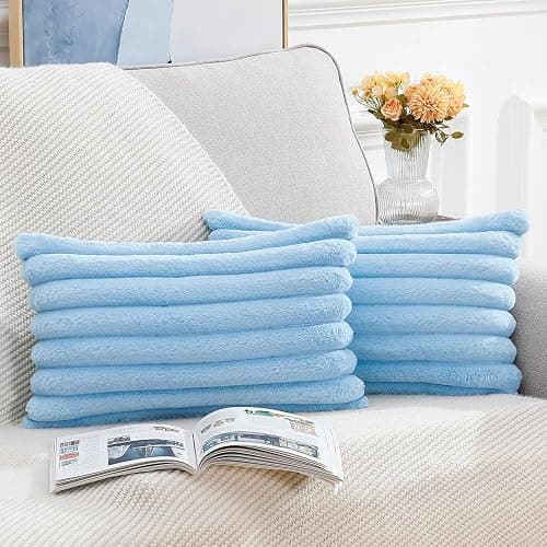 MADIZZ Set of 2 Faux Wool Plush Decorative Throw Pillow Covers 12x20 Inch Light Blue Fluffy Striped Soft Decorative Cushion Cover for Sofa Bedroom Pillow Shell - Light Blue - 20" x 12" (Pack of 2) thumbnail 2